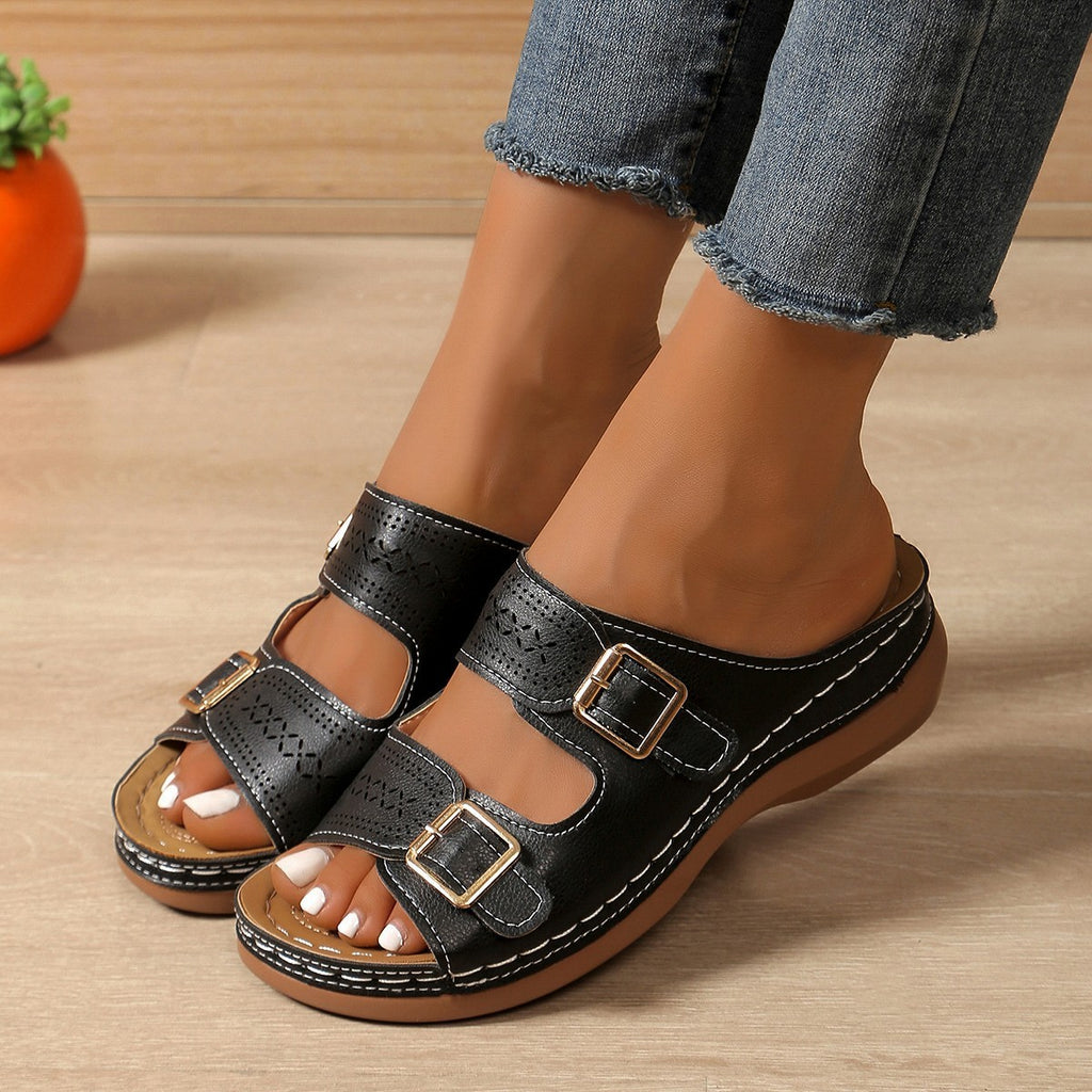 Women's Carved Belt Buckle Platform Wedge Lightweight Sandals