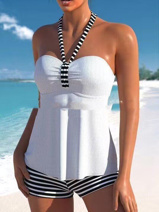 Solid Color Black And White Striped Off-shoulder Swimsuit Suit