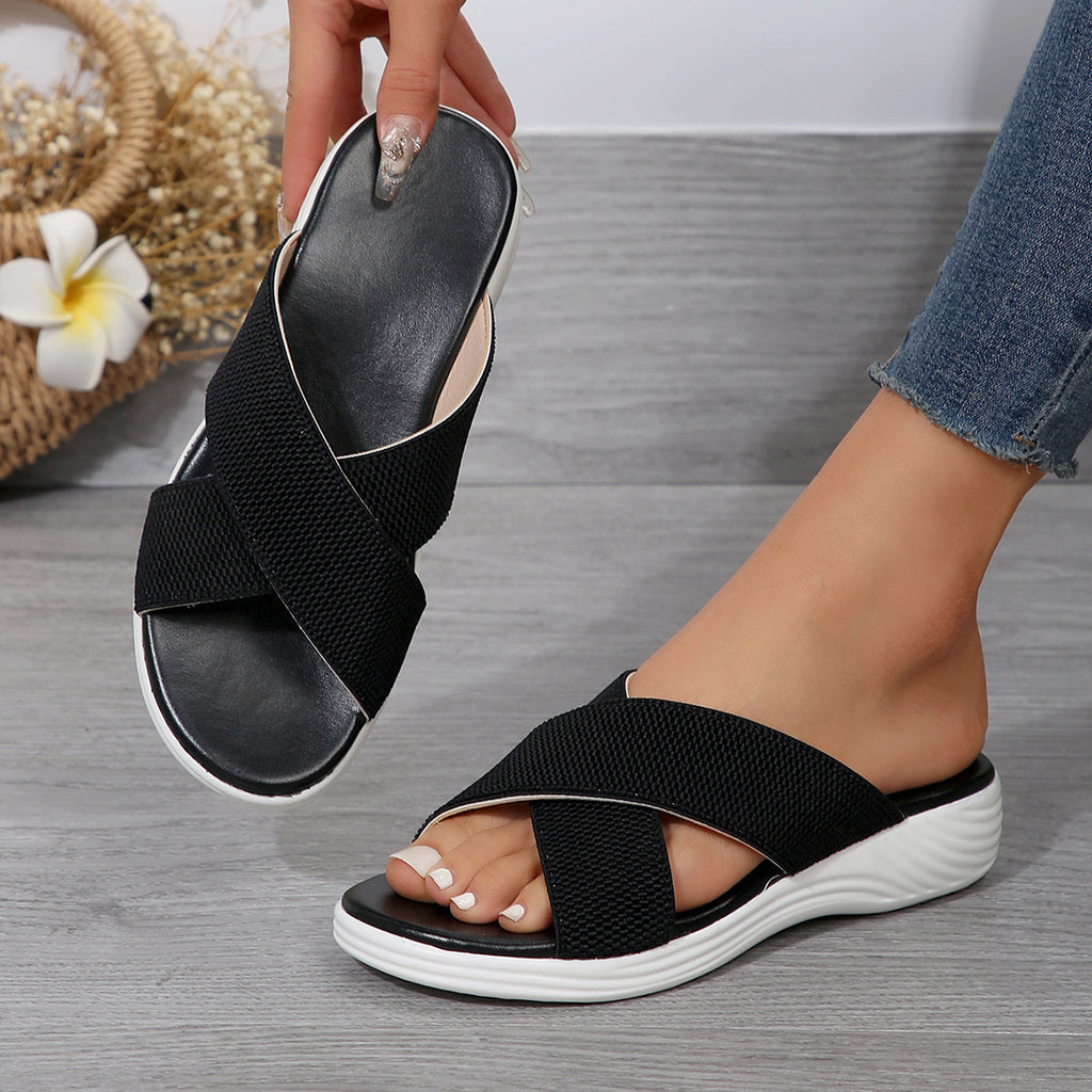 Summer Flat Wedge Peep-toe Slippers Thick Bottom Plus Size Cross Women's Slippers
