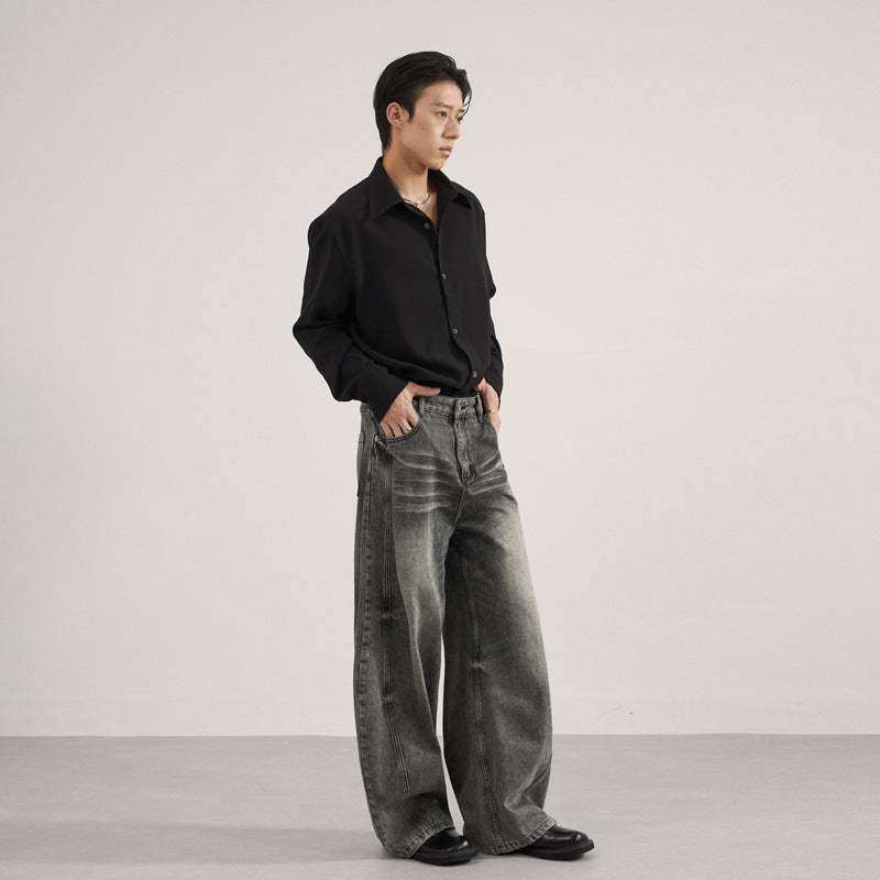 Loose Straight Washed Cat Beard Machete Jeans Men