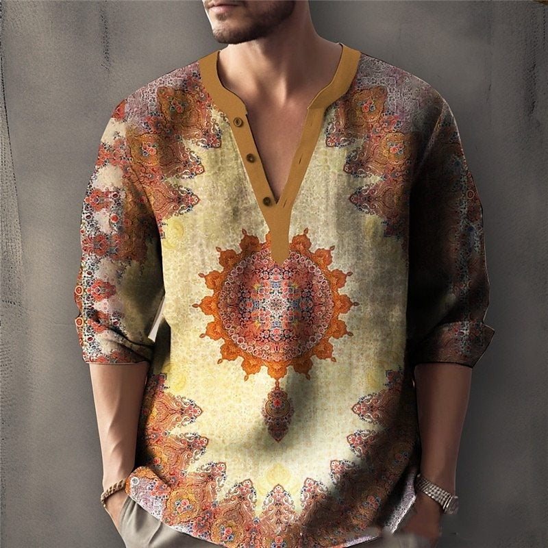 Printed Casual V-neck Men's Loose Jacquard Sweater Long Sleeve