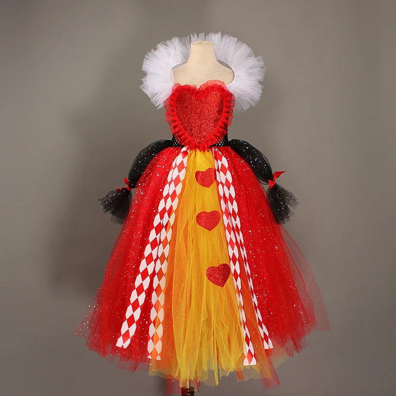 Evil Red Queen Sparkly Girls Tutu Dress Deluxe Wonderland Royal Heart Kids Halloween Fancy Dress Children Pageant Party Costume