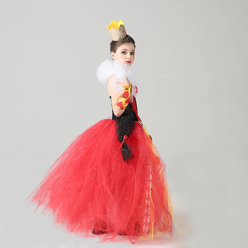 Evil Red Queen Sparkly Girls Tutu Dress Deluxe Wonderland Royal Heart Kids Halloween Fancy Dress Children Pageant Party Costume