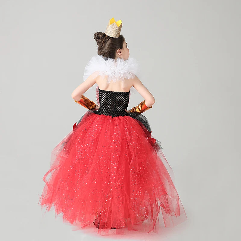 Evil Red Queen Sparkly Girls Tutu Dress Deluxe Wonderland Royal Heart Kids Halloween Fancy Dress Children Pageant Party Costume