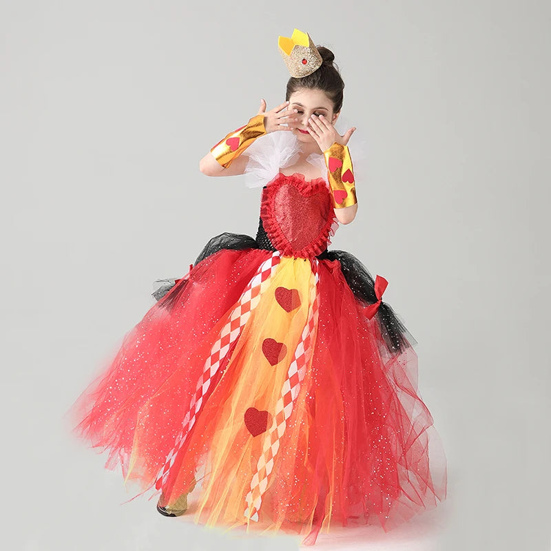 Evil Red Queen Sparkly Girls Tutu Dress Deluxe Wonderland Royal Heart Kids Halloween Fancy Dress Children Pageant Party Costume