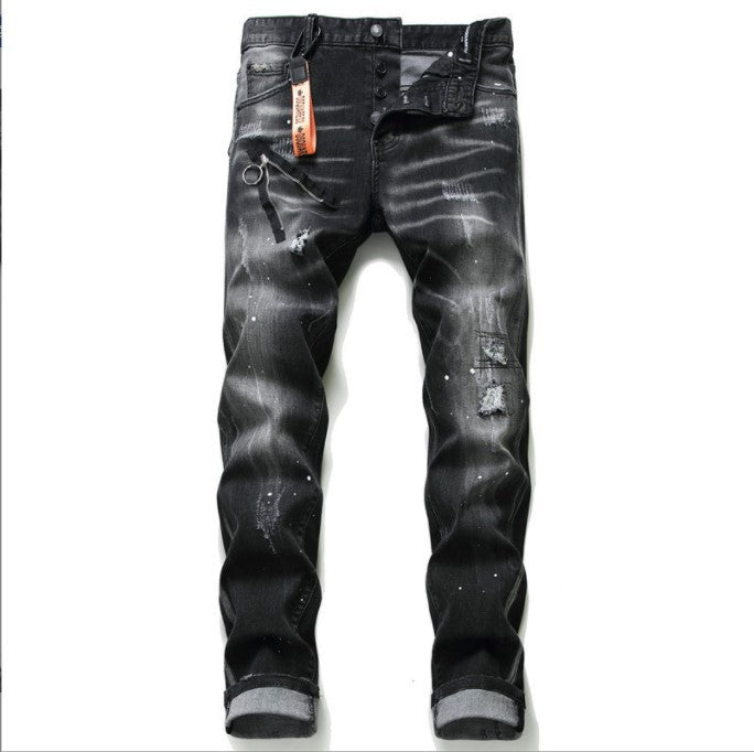 Black And Gray Paint Hole Zipper Decorations Personality Jeans Men