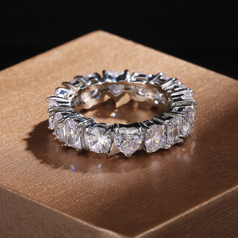 Rectangular Loving Heart Zircon Ring Female Full Circle Fashionable Temperamental All-match White