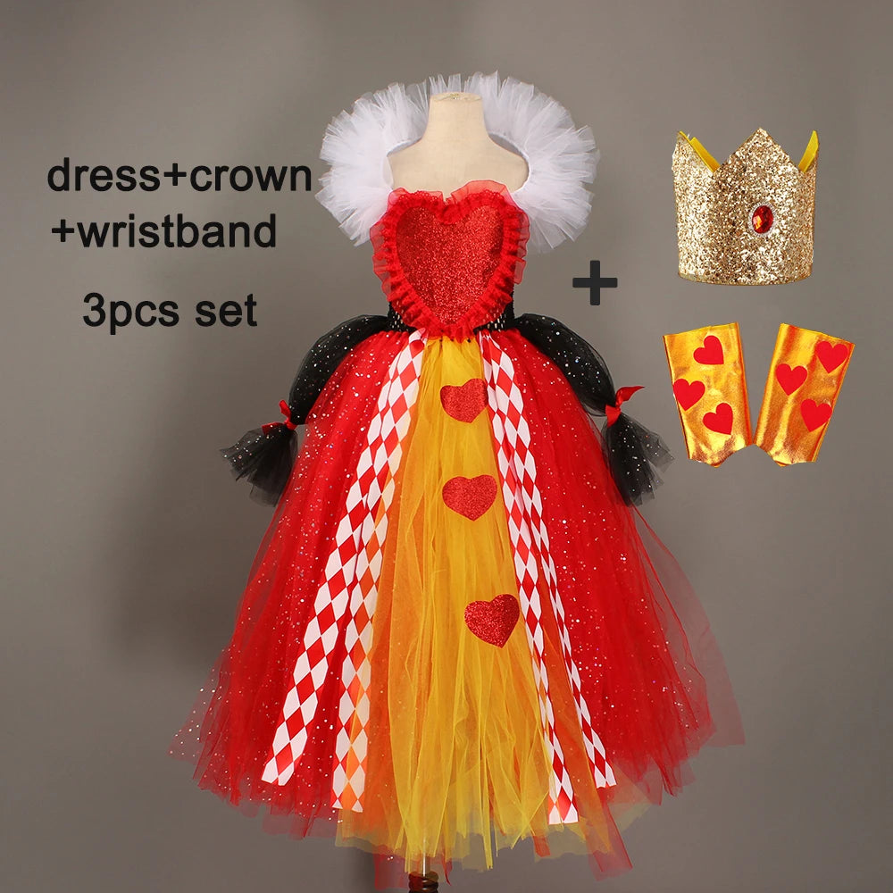 Evil Red Queen Sparkly Girls Tutu Dress Deluxe Wonderland Royal Heart Kids Halloween Fancy Dress Children Pageant Party Costume