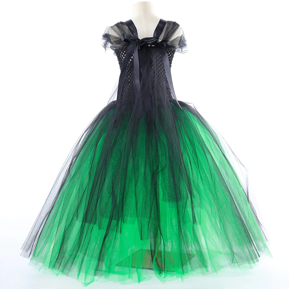 Wicked Elphaba Witch Costume for Girls Green Black Tutu Dress Kids Halloween Carnival Party Dress Up Clothes with Hat Broom Cape