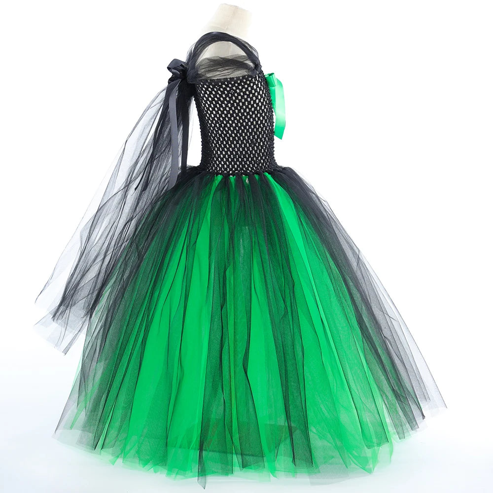 Wicked Elphaba Witch Costume for Girls Green Black Tutu Dress Kids Halloween Carnival Party Dress Up Clothes with Hat Broom Cape