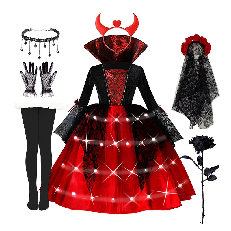 Kids Halloween Vampire Cosplay Costume Scarlet Gothic Dress with LED Light Perfect for Ghost Bride Carnival & Party Outfits