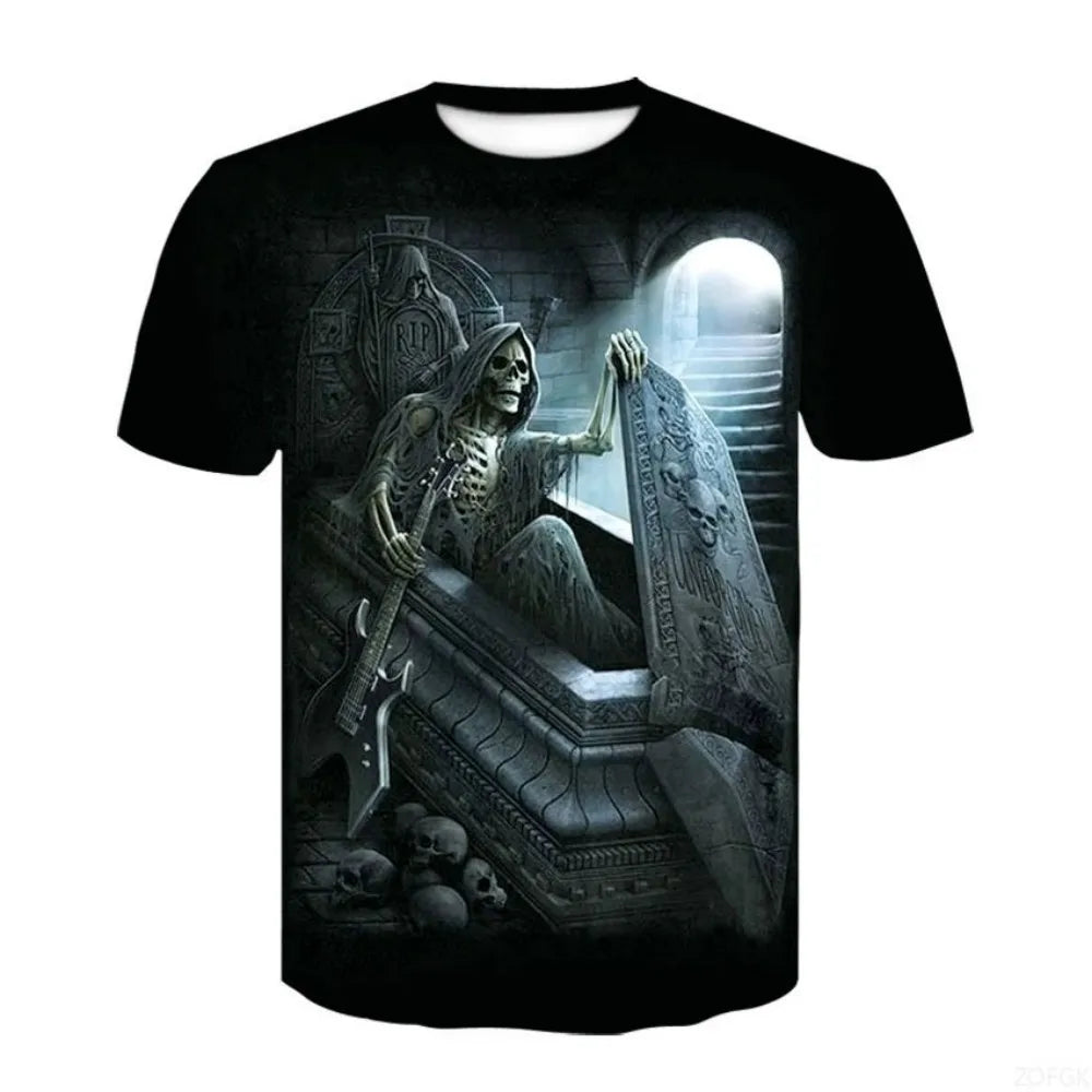 2025 new men's horror skull Halloween print breathable and comfortable round neck T-shirt outdoor party casual top
