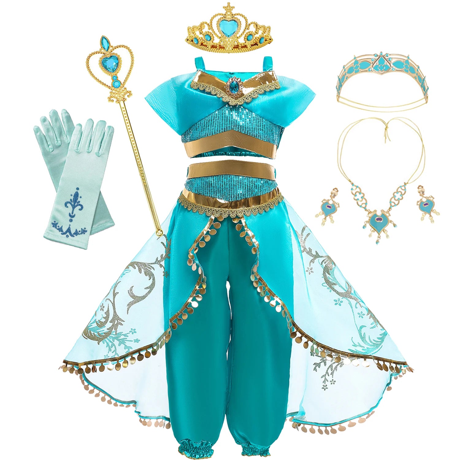 Jasmine Princess Dress for Girls Cosplay Aladdin Magic Lamp Costume Outfit Girls Halloween Kids Birthday Carnival Dance Vestidos