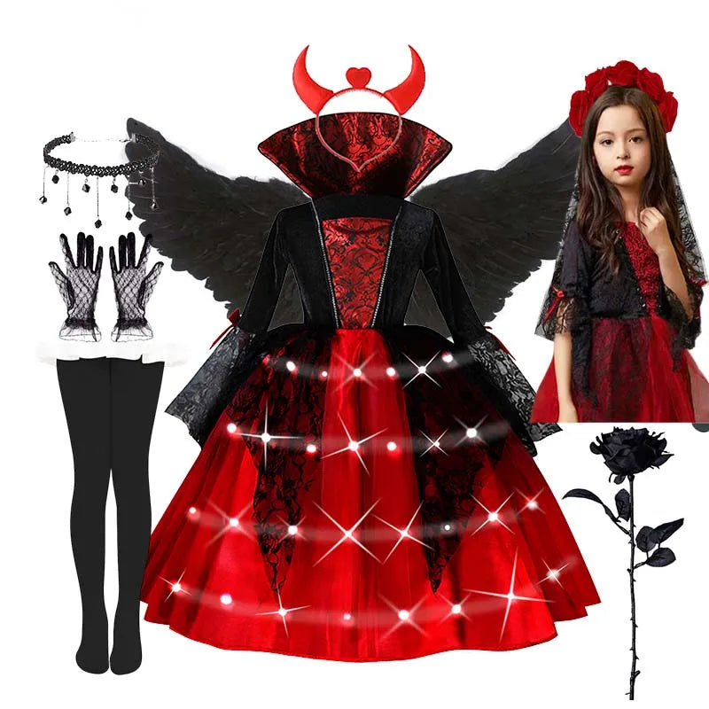 Kids Halloween Vampire Cosplay Costume Scarlet Gothic Dress with LED Light Perfect for Ghost Bride Carnival & Party Outfits