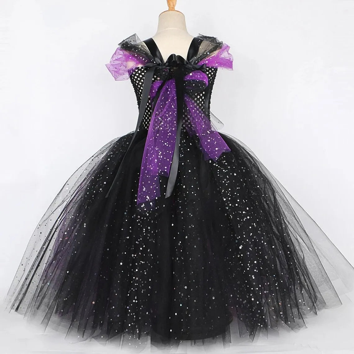 2025 Halloween Festive Party Girls Cosplay Witch Purple Puffy Sleeveless Bat Decoration Dress Girls Classic Festive Clothing Set