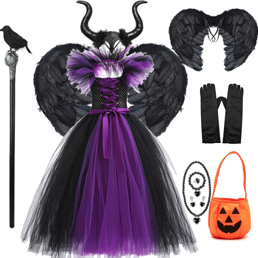 Maleficent Halloween For Children Costume Tulle Purple Black Dress Girls Cosplay Vestidos Party Evil Queen Mesh Princess Dresses