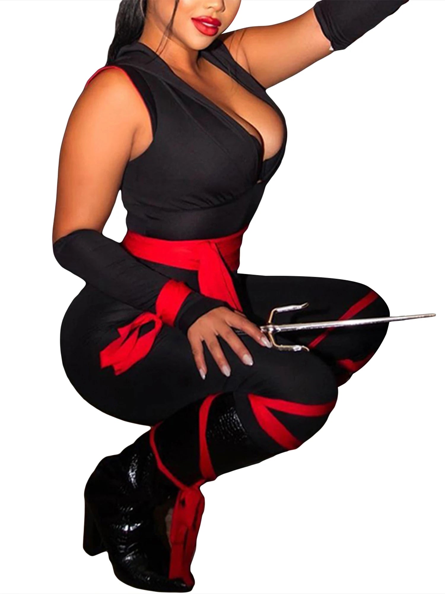 Women s Halloween Costumes Sexy Black Lace-Up Bodysuit with Hood and Arm Sleeves for Cosplay Party Outfits