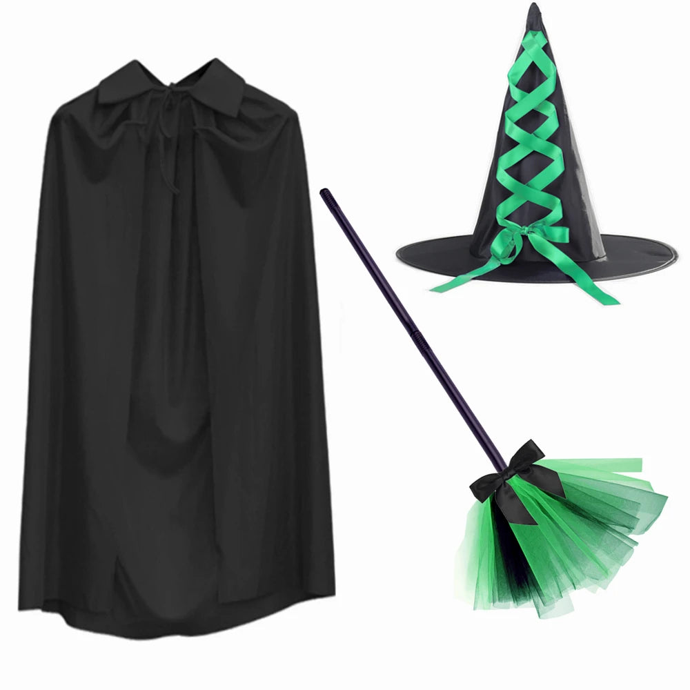 Wicked Elphaba Witch Costume for Girls Green Black Tutu Dress Kids Halloween Carnival Party Dress Up Clothes with Hat Broom Cape