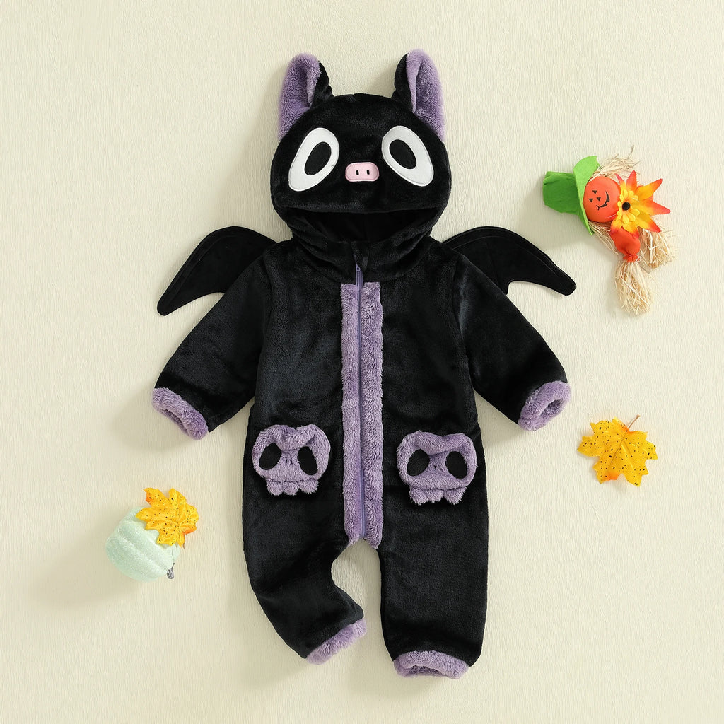 Halloween Baby Black Cat Rompers Cosplay Costume Fleece Long Sleeve Hooded Zip-Up Jumpsuit Infant Fuzzy Warm Hooded Overall