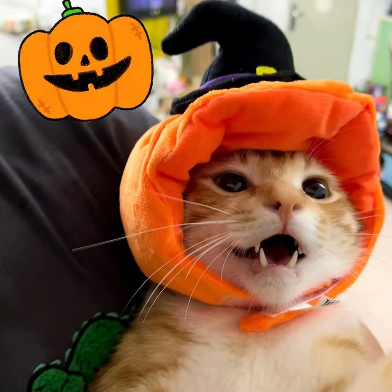 Halloween Cat Cap Pumpkin Plush Head Cover Cute Cat Dog Woven Warm Headdress Pet Hat Kitten Puppy Cosplay Costume Accessories