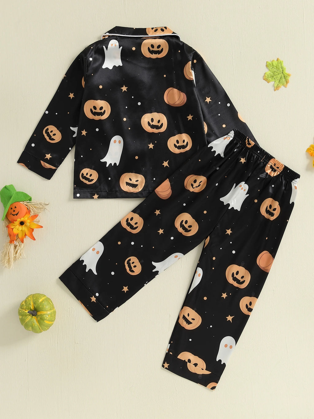 Kids 2-Piece Halloween Pajama Set with Long Sleeve Lapel Collar Shirt and Pants - Children s Sleepwear Outfit for Toddlers