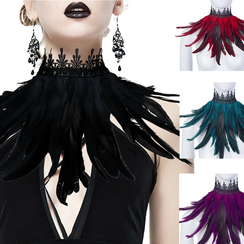 Dramatic Gothic Feather Neck Wrap Scarf - A Stunning Accessory for Halloween Celebrations, Dance Performances