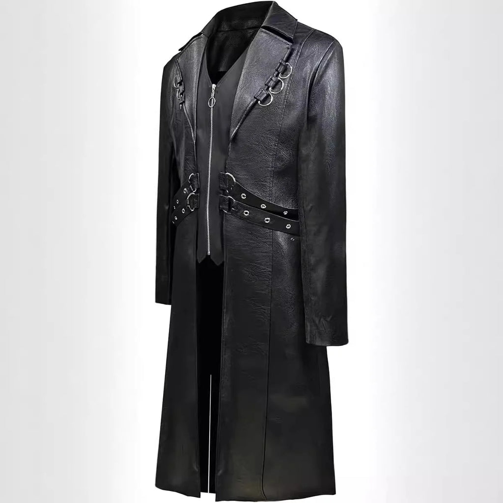 Men Steampunk Faux Leather Vintage Jacket Medieval Trench Coat Long Outwear Winter Gothic Windbreaker Motorcycle Halloween Stage