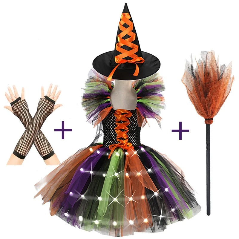 2025 Girls Cosplay Witch Halloween LED Dress Carnival Vestidos Party Kids Children Glowing Costume Party Princess Hat Dresses