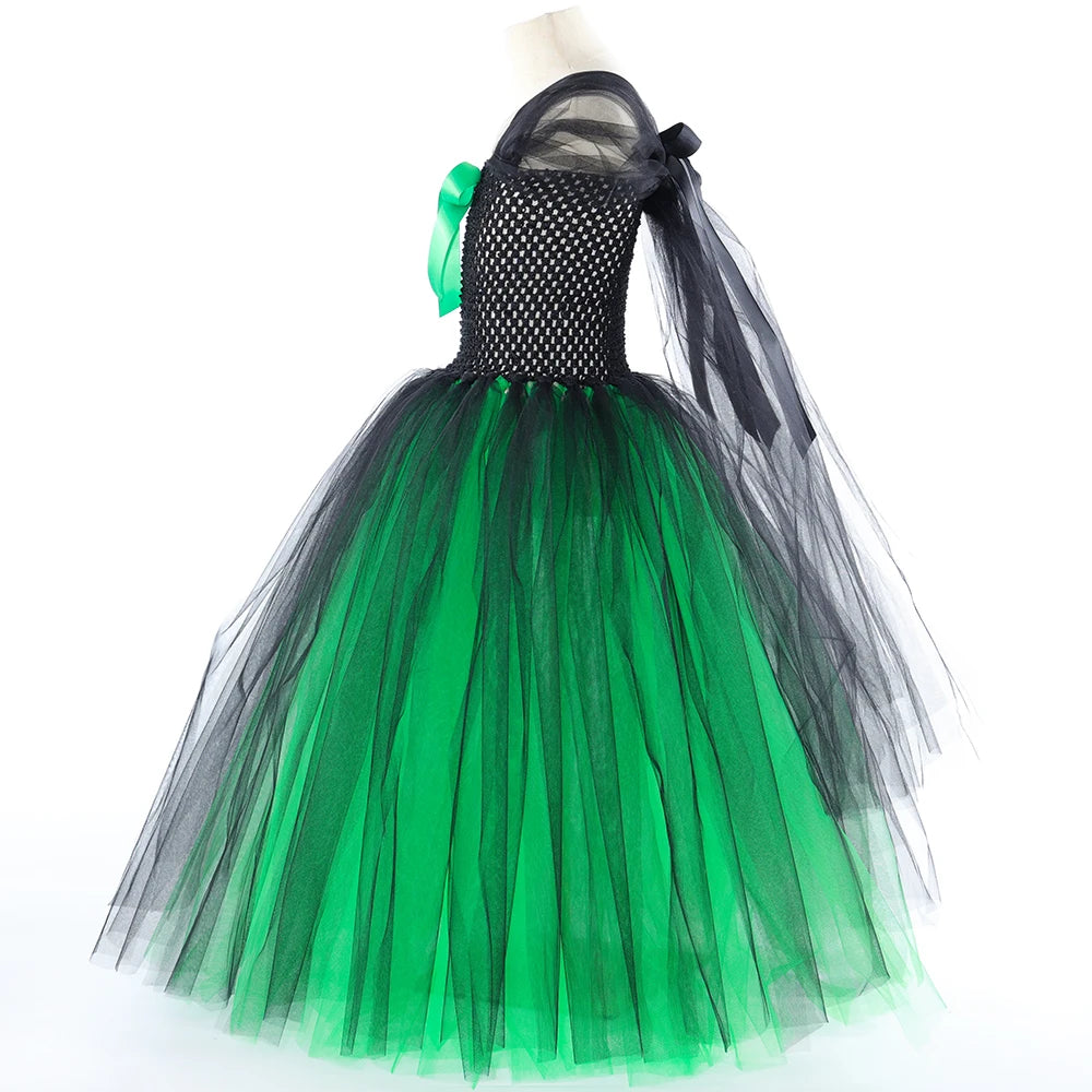 Wicked Elphaba Witch Costume for Girls Green Black Tutu Dress Kids Halloween Carnival Party Dress Up Clothes with Hat Broom Cape