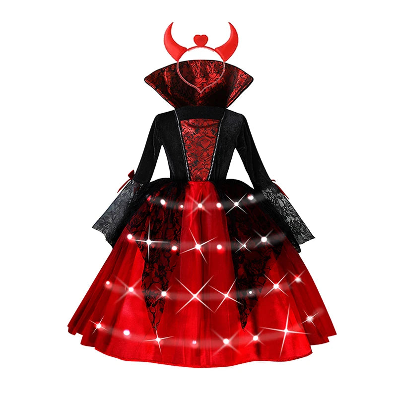 Kids Halloween Vampire Cosplay Costume Scarlet Gothic Dress with LED Light Perfect for Ghost Bride Carnival & Party Outfits