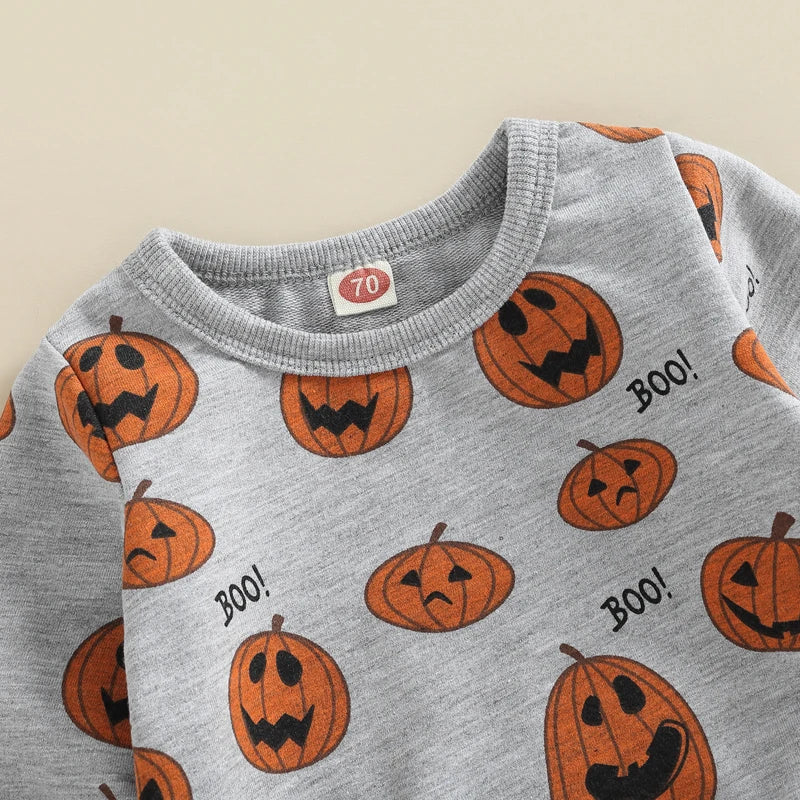 Infant Unisex Halloween Costumes Set with Long Sleeve Pumpkin Print Top and Gray Drawstring Pants for Boys and Girls