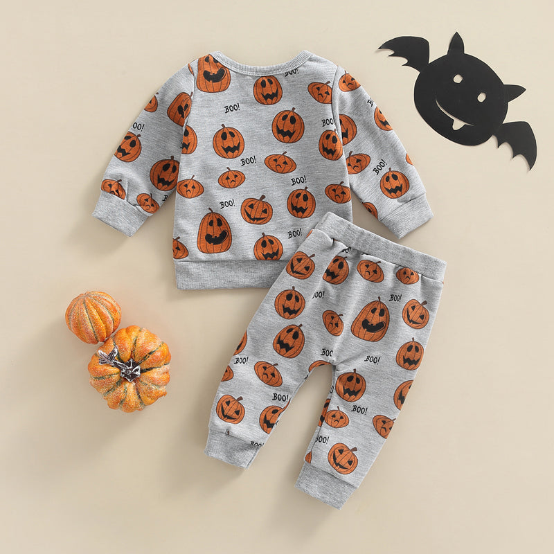 Infant Unisex Halloween Costumes Set with Long Sleeve Pumpkin Print Top and Gray Drawstring Pants for Boys and Girls