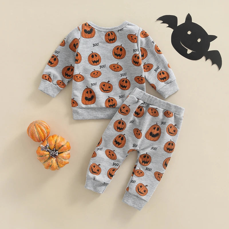 Infant Unisex Halloween Costumes Set with Long Sleeve Pumpkin Print Top and Gray Drawstring Pants for Boys and Girls
