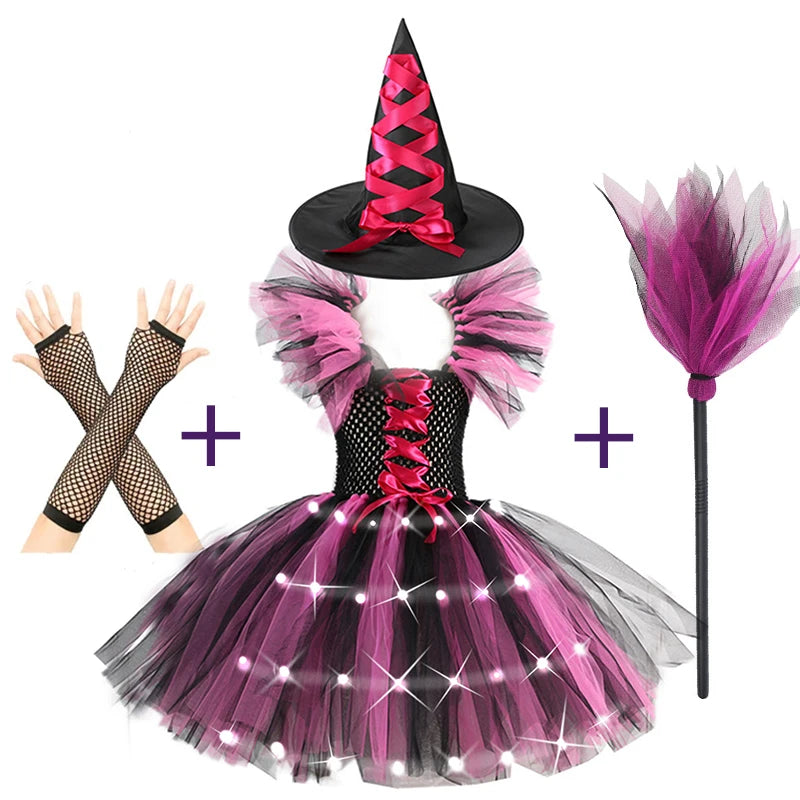 2025 Girls Cosplay Witch Halloween LED Dress Carnival Vestidos Party Kids Children Glowing Costume Party Princess Hat Dresses