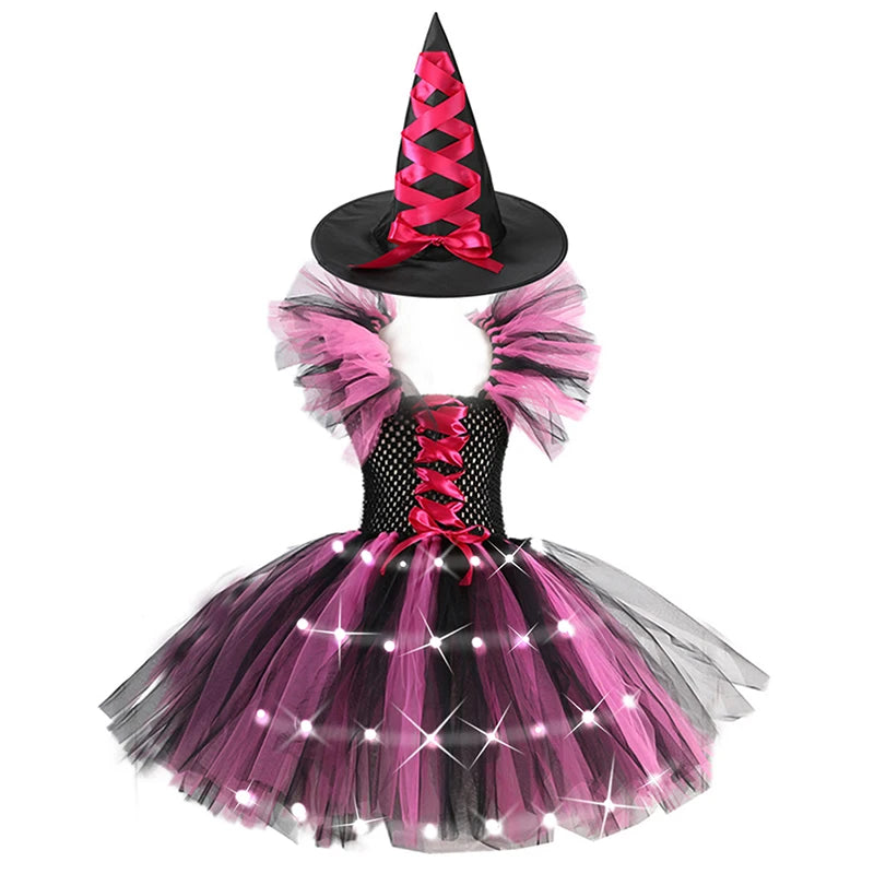 2025 Girls Cosplay Witch Halloween LED Dress Carnival Vestidos Party Kids Children Glowing Costume Party Princess Hat Dresses