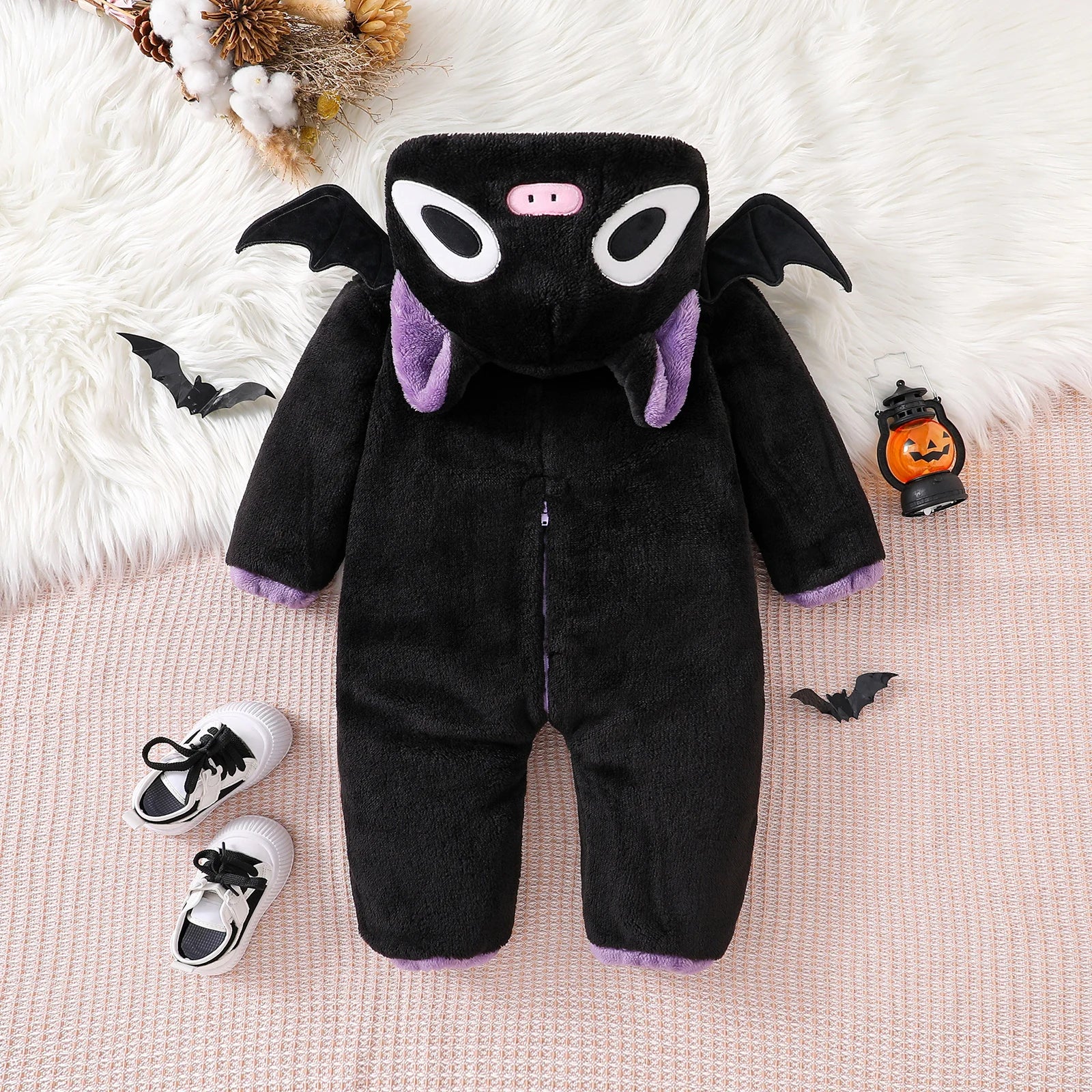 Halloween Baby Black Cat Rompers Cosplay Costume Fleece Long Sleeve Hooded Zip-Up Jumpsuit Infant Fuzzy Warm Hooded Overall