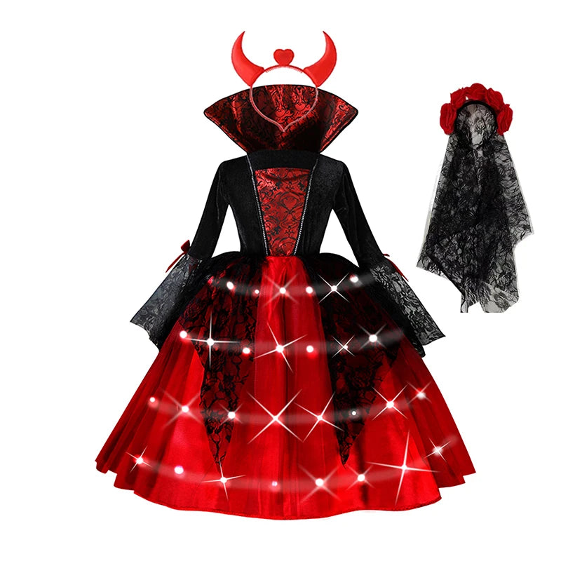 Kids Halloween Vampire Cosplay Costume Scarlet Gothic Dress with LED Light Perfect for Ghost Bride Carnival & Party Outfits