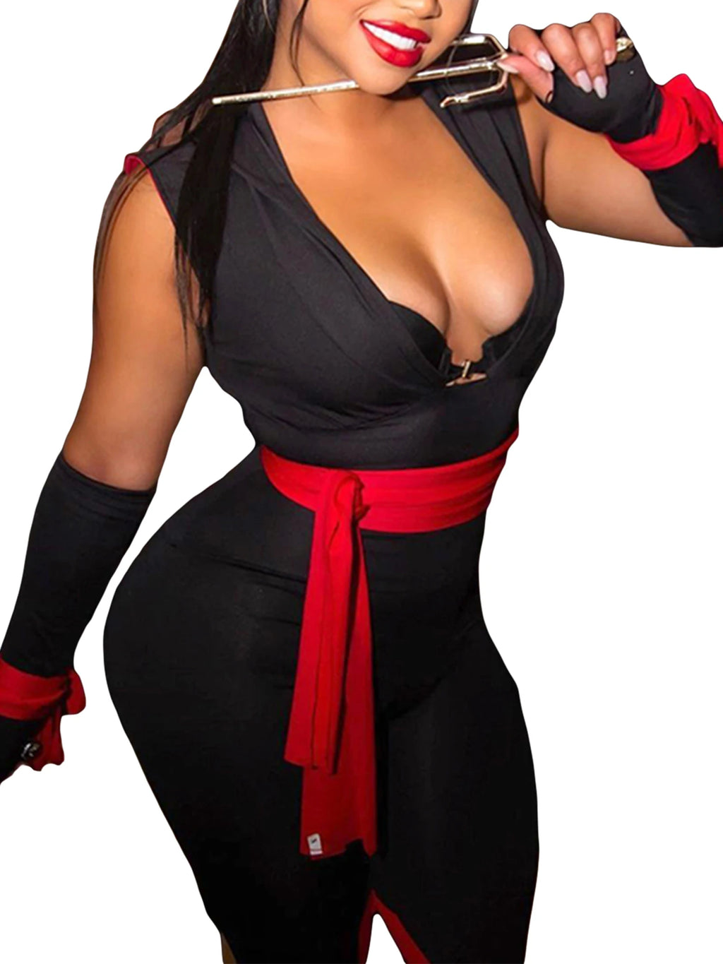 Women s Halloween Costumes Sexy Black Lace-Up Bodysuit with Hood and Arm Sleeves for Cosplay Party Outfits