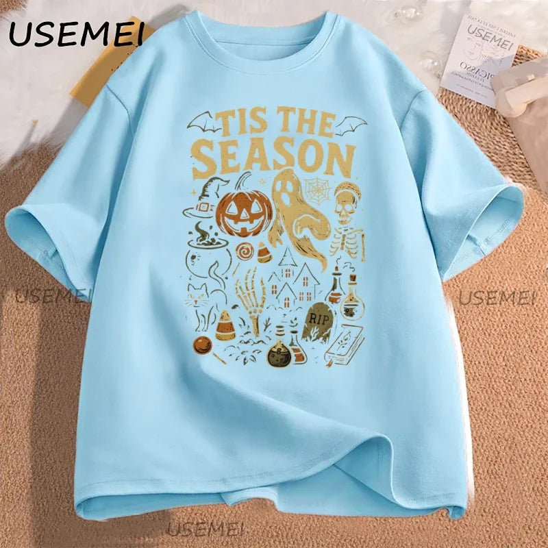 Retro Halloween T-Shirt Tis The Season Vintage Halloween Pumpkin Ghost Graphic Tee Men Women Loose Short Sleeve T-shirts Clothes