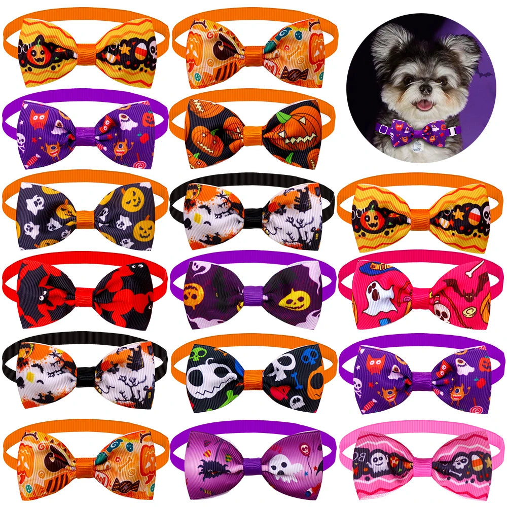 50pcs Halloween Small Dog Cat Bow Tie For Dogs Cats Bows Skull Styles Pet Dog Bowties Collar Holiday Grooming Items For Dogs