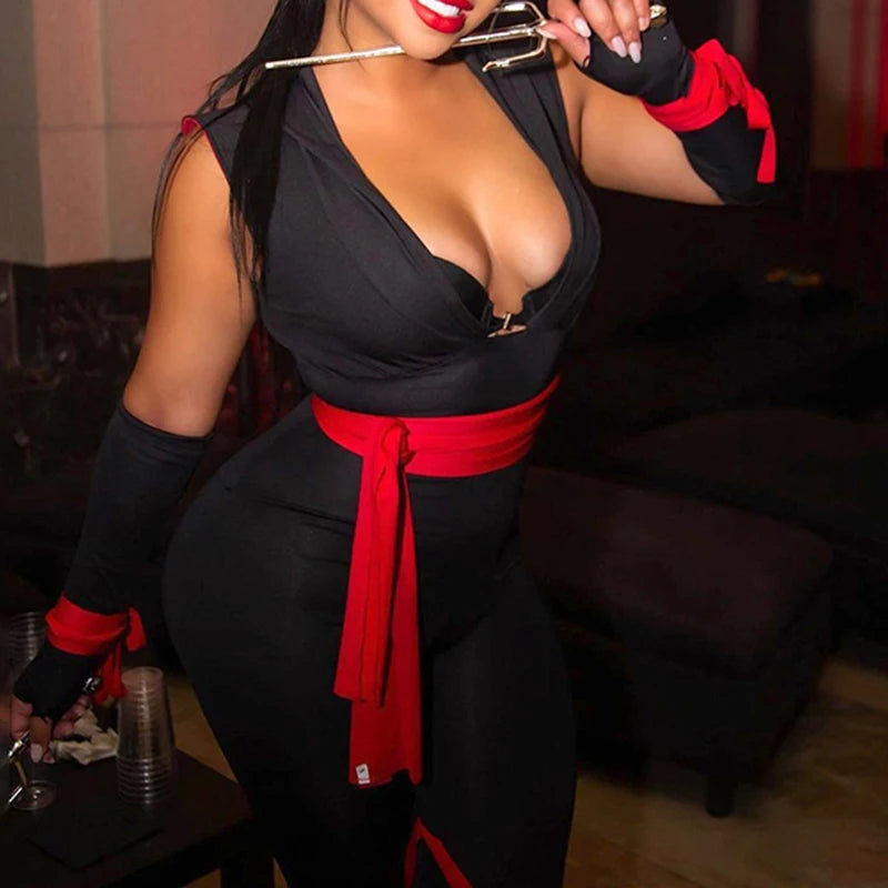 Women s Halloween Costumes Sexy Black Lace-Up Bodysuit with Hood and Arm Sleeves for Cosplay Party Outfits