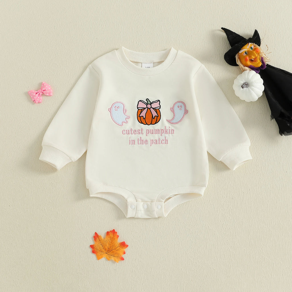 Infant Halloween Costume Long Sleeve Crew Neck Pumpkin Ghost Embroidered Jumpsuit Toddler Autumn  Baby Girl Fall Outfit
