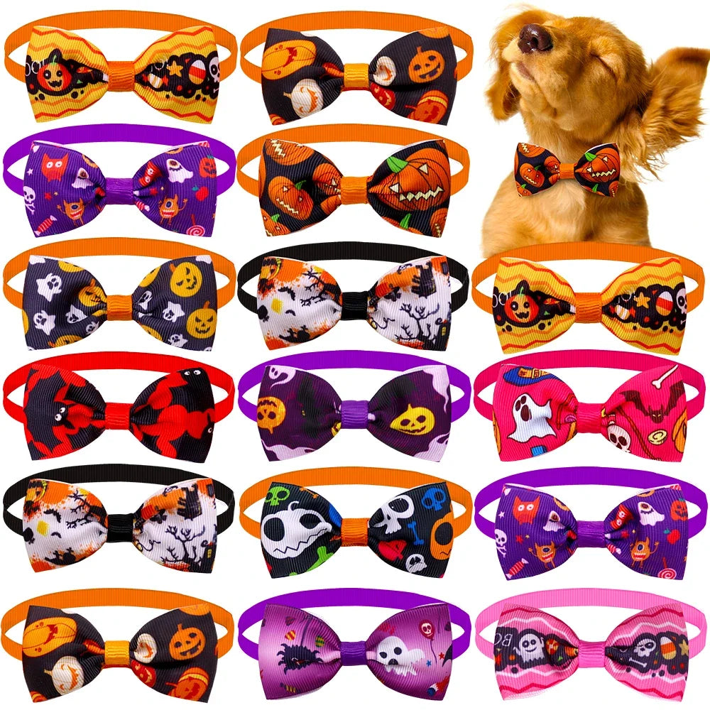 50pcs Halloween Small Dog Cat Bow Tie For Dogs Cats Bows Skull Styles Pet Dog Bowties Collar Holiday Grooming Items For Dogs