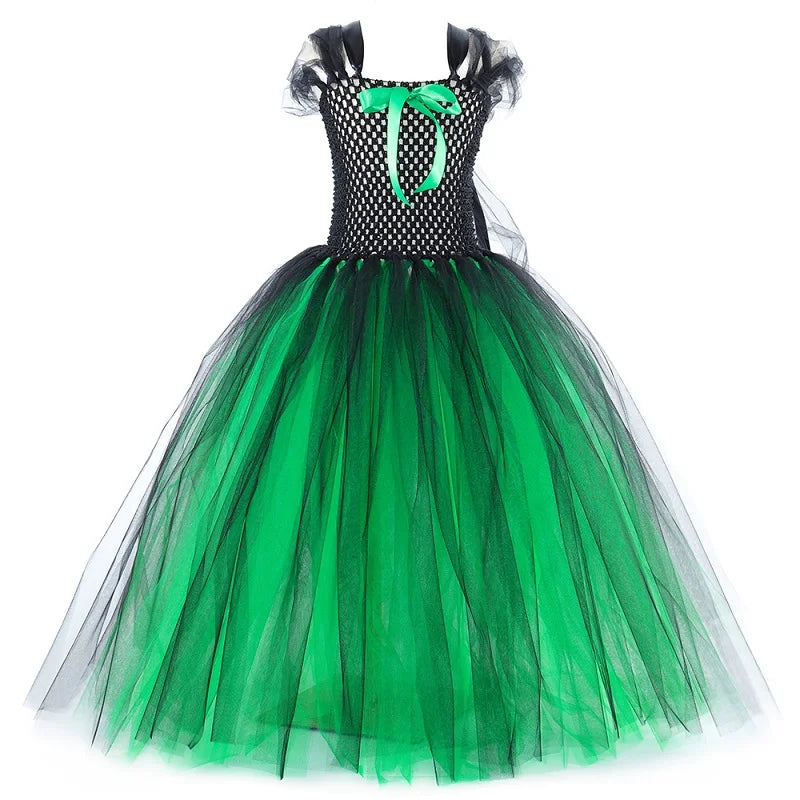 Wicked Elphaba Witch Costume for Girls Green Black Tutu Dress Kids Halloween Carnival Party Dress Up Clothes with Hat Broom Cape