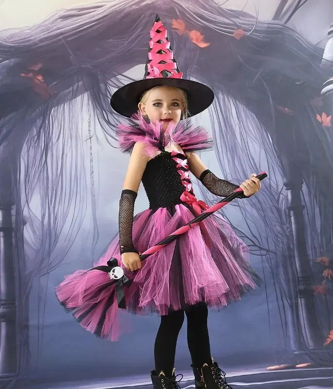 2025 Girls Cosplay Witch Halloween LED Dress Carnival Vestidos Party Kids Children Glowing Costume Party Princess Hat Dresses