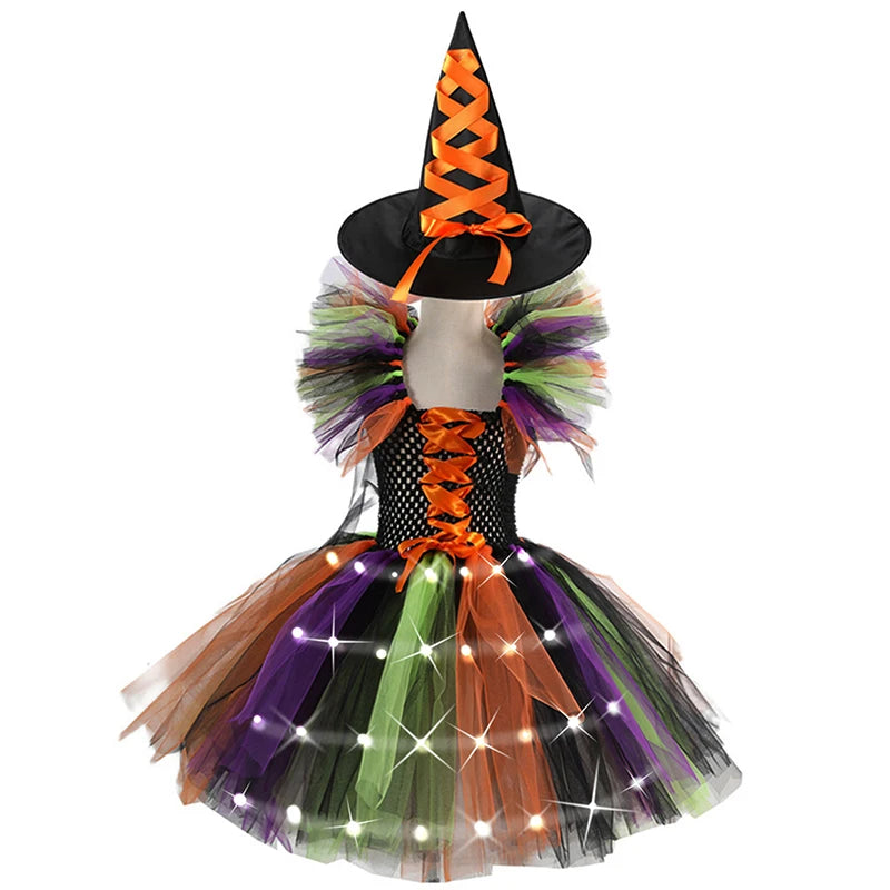 2025 Girls Cosplay Witch Halloween LED Dress Carnival Vestidos Party Kids Children Glowing Costume Party Princess Hat Dresses