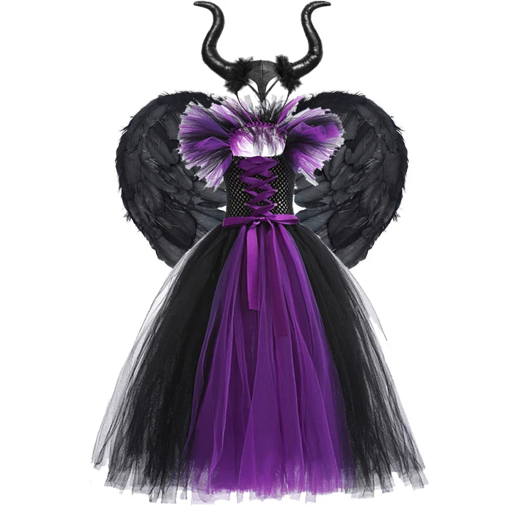 Maleficent Halloween For Children Costume Tulle Purple Black Dress Girls Cosplay Vestidos Party Evil Queen Mesh Princess Dresses