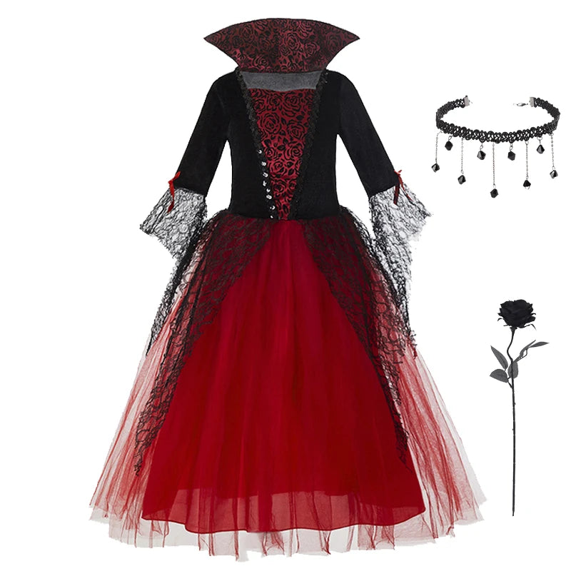 Girl Vampire Halloween Dress for Kid Ghost Bride Gothic Cosplay Vampire Costume Witch Dresses for Girls Carnival Party Clothes