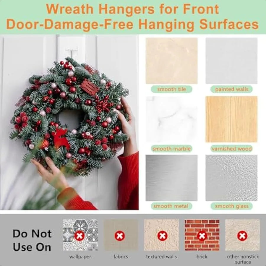 Wreath Hangers for Front DoorLarge Adhesive WallHooksforHangingHeavyDuty 10 Pack Christmas Halloween Decorations Fall WreathDoo
