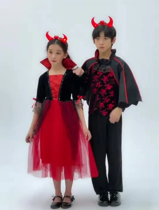 Kids Halloween Vampire Cosplay Costume Scarlet Gothic Dress with LED Light Perfect for Ghost Bride Carnival & Party Outfits